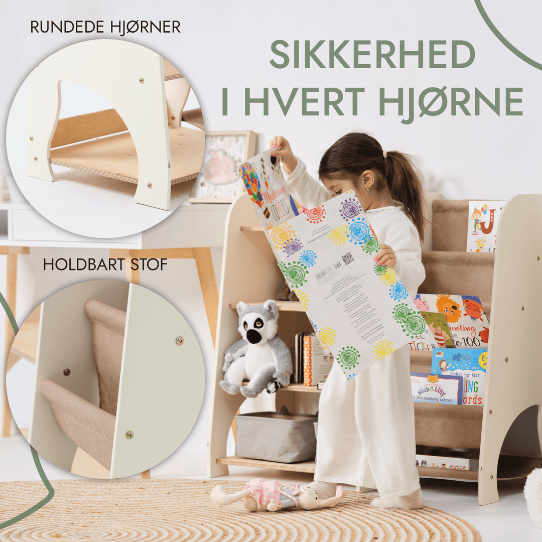 2 - I - 1 Montessori - reoler i træ: Reol til bøger og legetøj - Goodevas DK