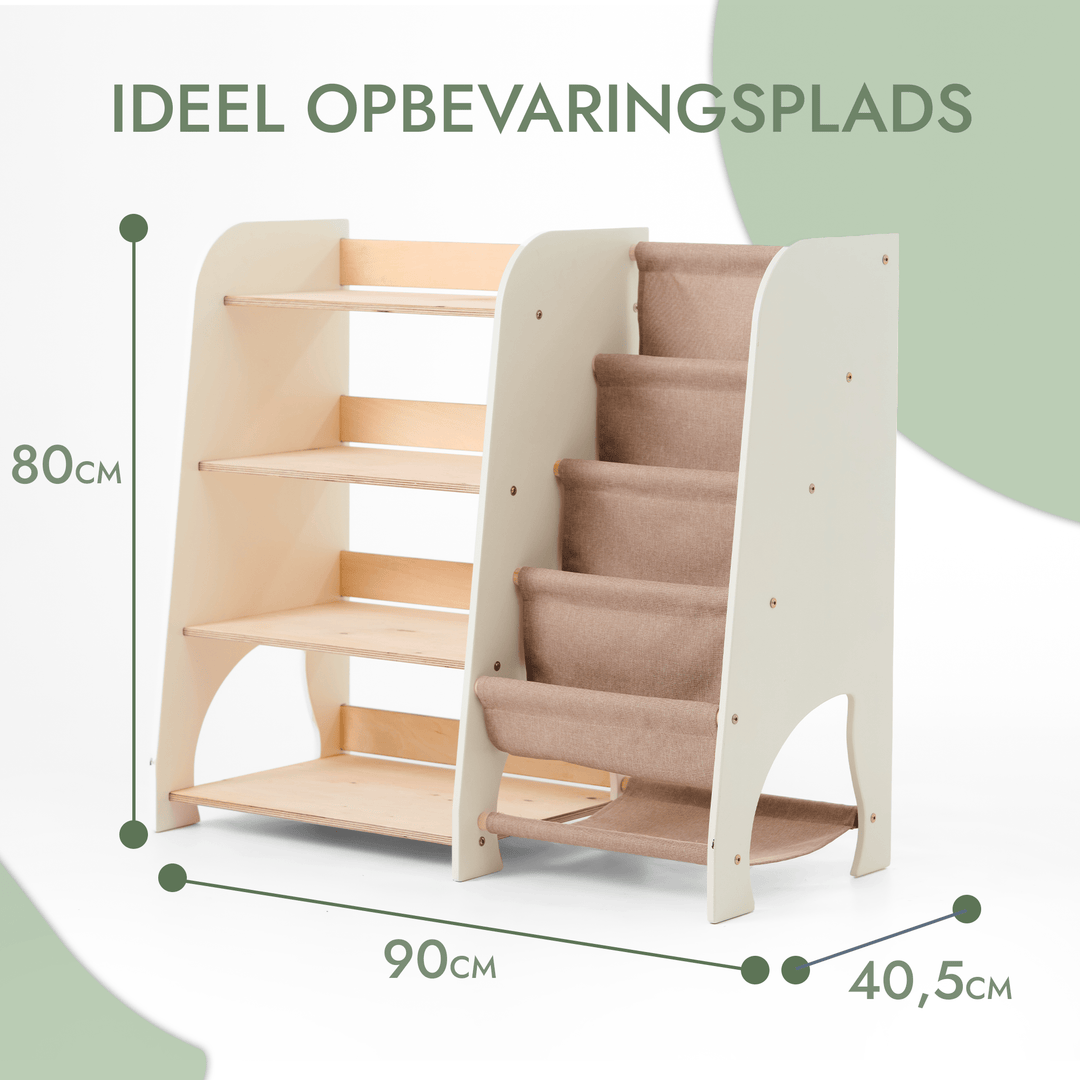 2 - I - 1 Montessori - reoler i træ: Reol til bøger og legetøj - Goodevas DK