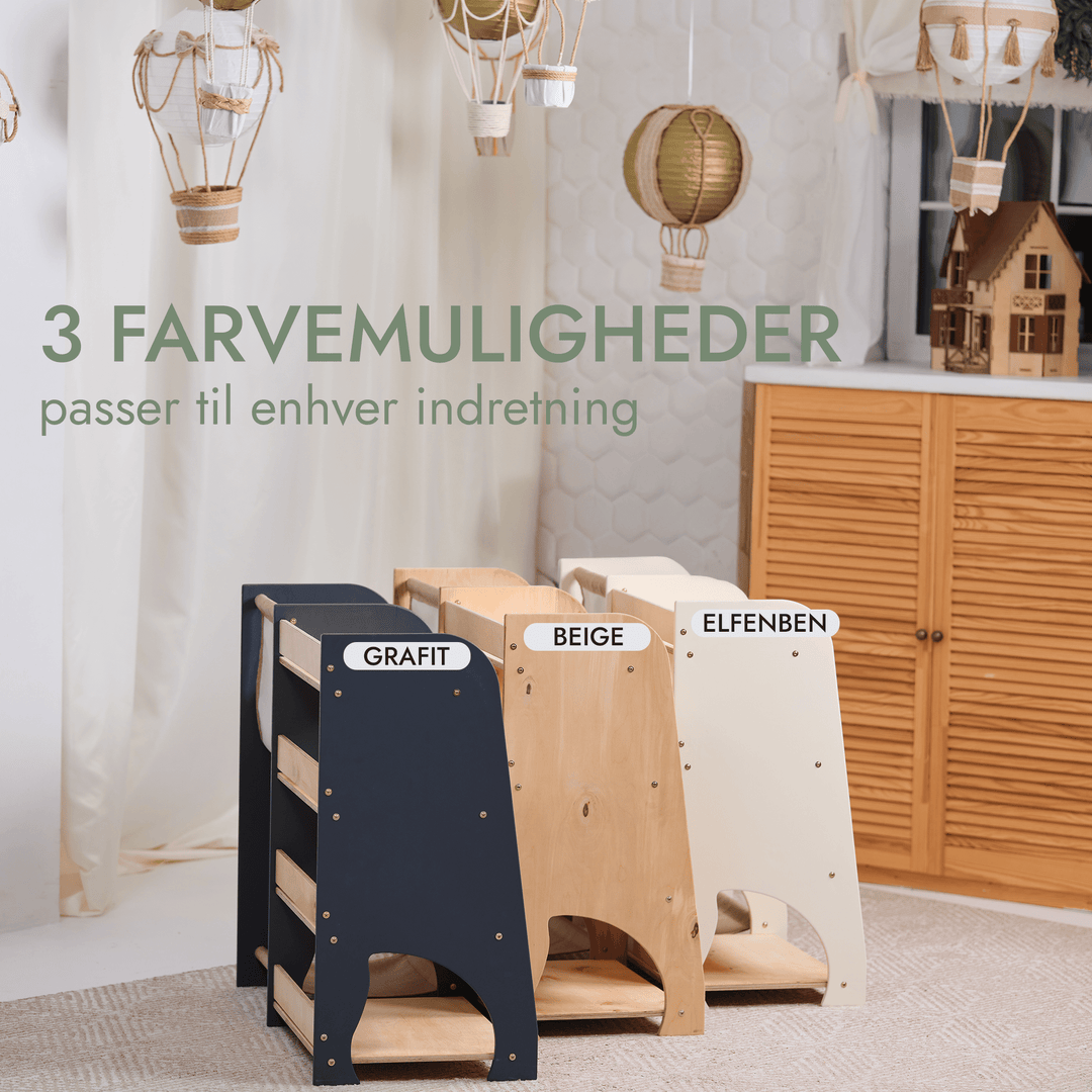 2 - I - 1 Montessori - reoler i træ: Reol til bøger og legetøj - Goodevas DK