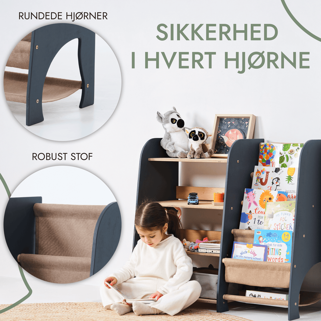 2 - I - 1 Montessori - reoler i træ: Reol til bøger og legetøj - Goodevas DK