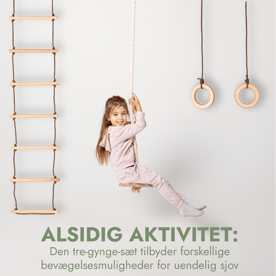 3 - i - 1 Gyngesæt: Rebstige + Gymnastikringe + Tallerkengynge - Goodevas DK