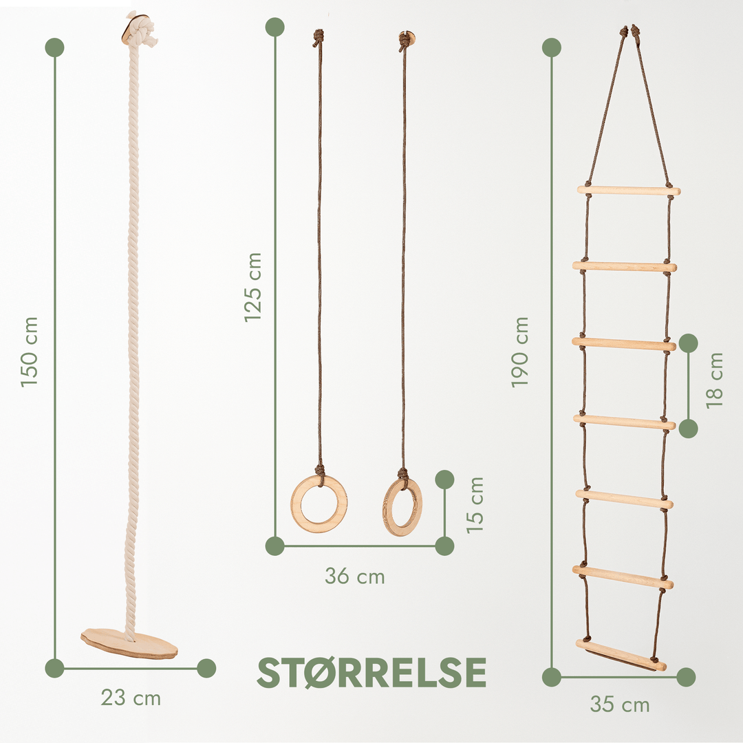 3 - i - 1 Gyngesæt: Rebstige + Gymnastikringe + Tallerkengynge - Goodevas DK