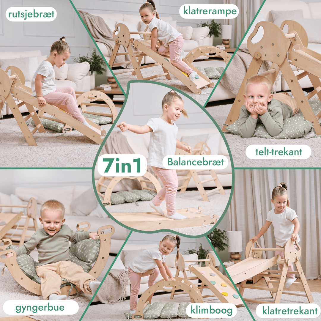 4 - i - 1 Klatresæt til småbørn: Trekantstige + Træbue + Rutsjebane + Pude - Goodevas DK