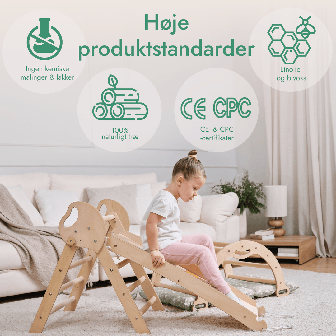 4 - i - 1 Klatresæt til småbørn: Trekantstige + Træbue + Rutsjebane + Pude - Goodevas DK