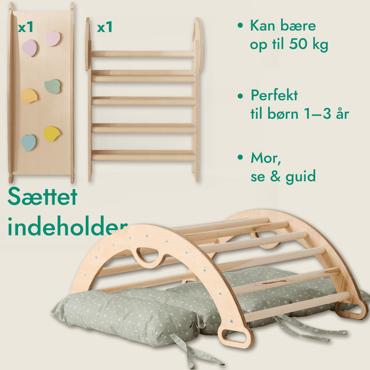 4 - i - 1 Klatresæt til småbørn: Trekantstige + Træbue + Rutsjebane + Pude - Goodevas DK