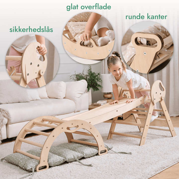 4 - i - 1 Klatresæt til småbørn: Trekantstige + Træbue + Rutsjebane + Pude - Goodevas DK