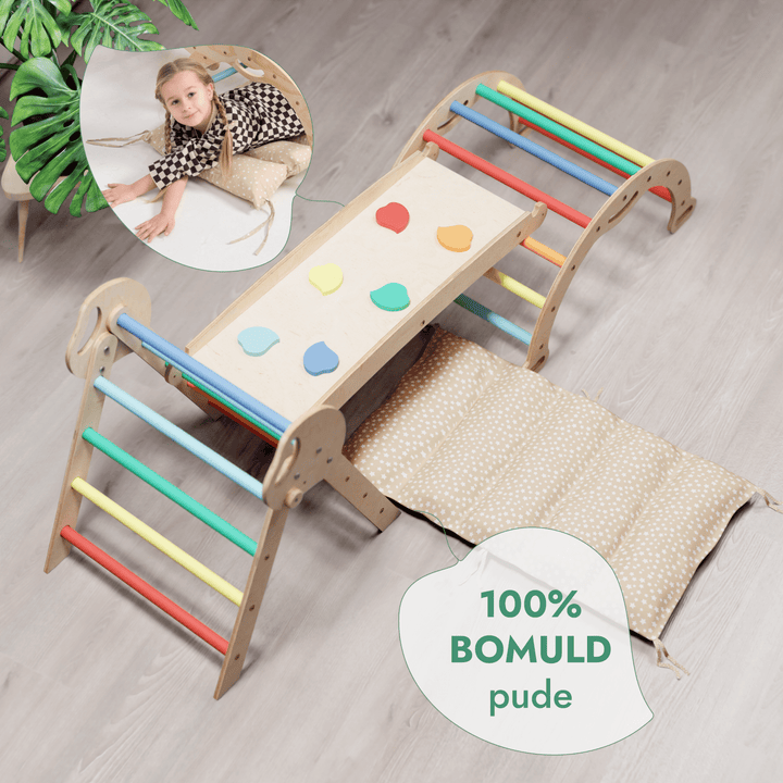 4 - i - 1 Klatresæt til småbørn: Trekantstige + Træbue + Rutsjebane + Pude - Regnbue - Goodevas DK