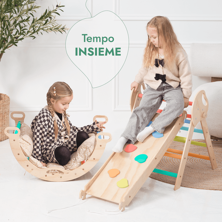 4 - i - 1 Klatresæt til småbørn: Trekantstige + Træbue + Rutsjebane + Pude - Regnbue - Goodevas DK