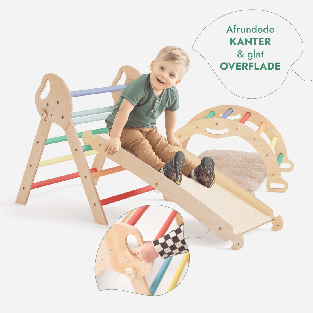 4 - i - 1 Klatresæt til småbørn: Trekantstige + Træbue + Rutsjebane + Pude - Regnbue - Goodevas DK