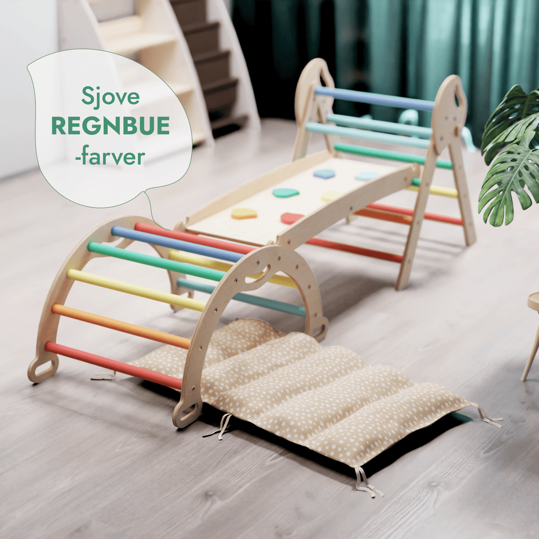4 - i - 1 Klatresæt til småbørn: Trekantstige + Træbue + Rutsjebane + Pude - Regnbue - Goodevas DK