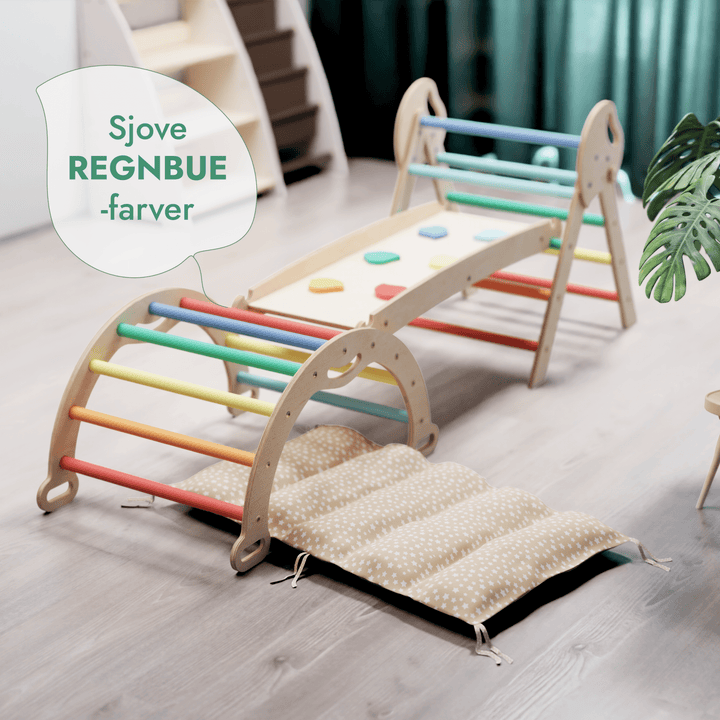 4 - i - 1 Klatresæt til småbørn: Trekantstige + Træbue + Rutsjebane + Pude - Regnbue - Goodevas DK