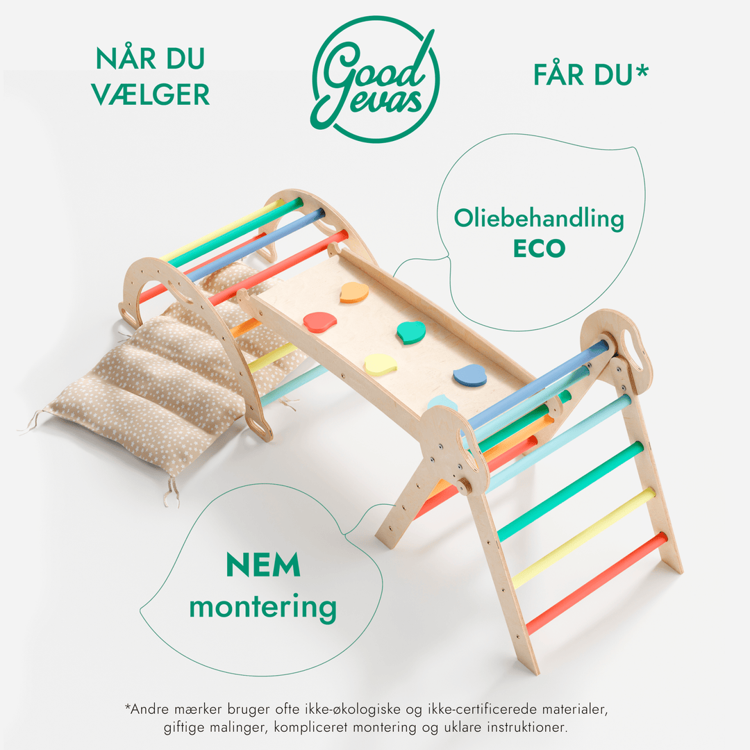 4 - i - 1 Klatresæt til småbørn: Trekantstige + Træbue + Rutsjebane + Pude - Regnbue - Goodevas DK