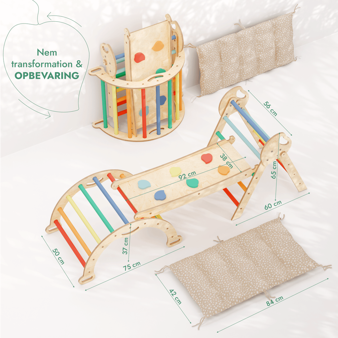 4 - i - 1 Klatresæt til småbørn: Trekantstige + Træbue + Rutsjebane + Pude - Regnbue - Goodevas DK