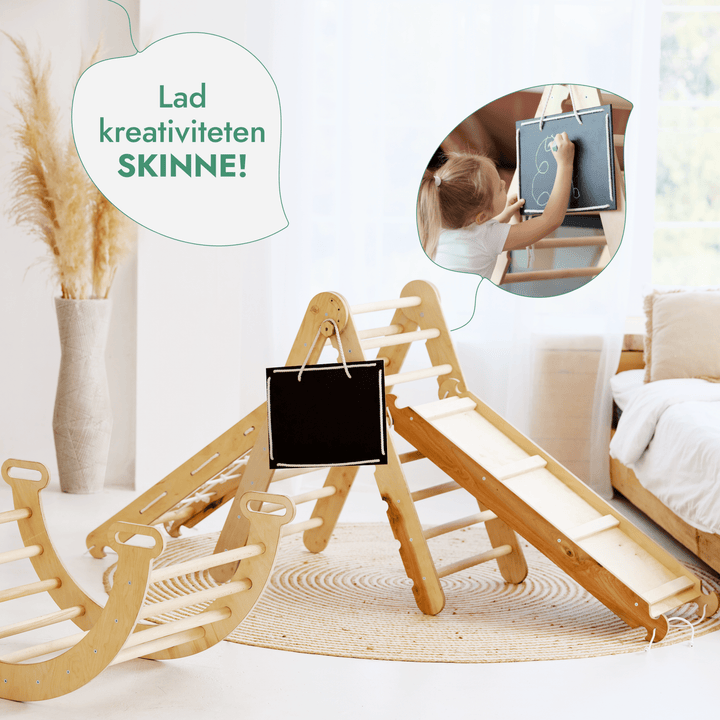 4 - i - 1 Montessori - klatrestativsæt: Trekantstige + Bue/Vippe + Rutsjebane/Rampe + Netreb - Goodevas DK