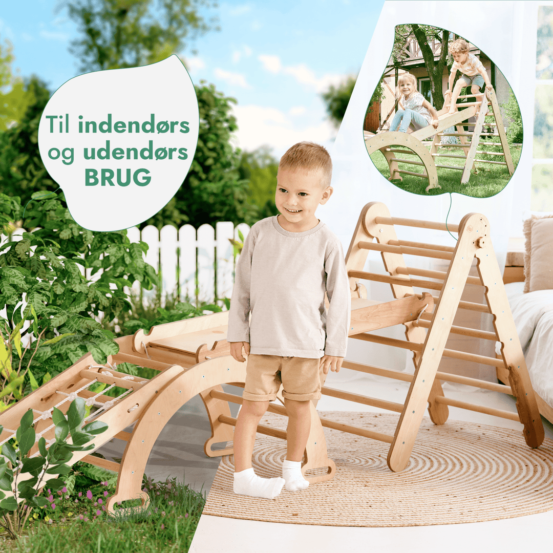 4 - i - 1 Montessori - klatrestativsæt: Trekantstige + Bue/Vippe + Rutsjebane/Rampe + Netreb - Goodevas DK