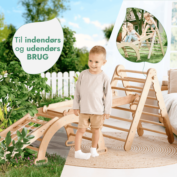 4 - i - 1 Montessori - klatrestativsæt: Trekantstige + Bue/Vippe + Rutsjebane/Rampe + Netreb - Goodevas DK