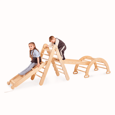 4-i-1 Montessori-klatrestativsæt: Trekantstige + Bue/Vippe + Rutsjebane/Rampe + Netreb