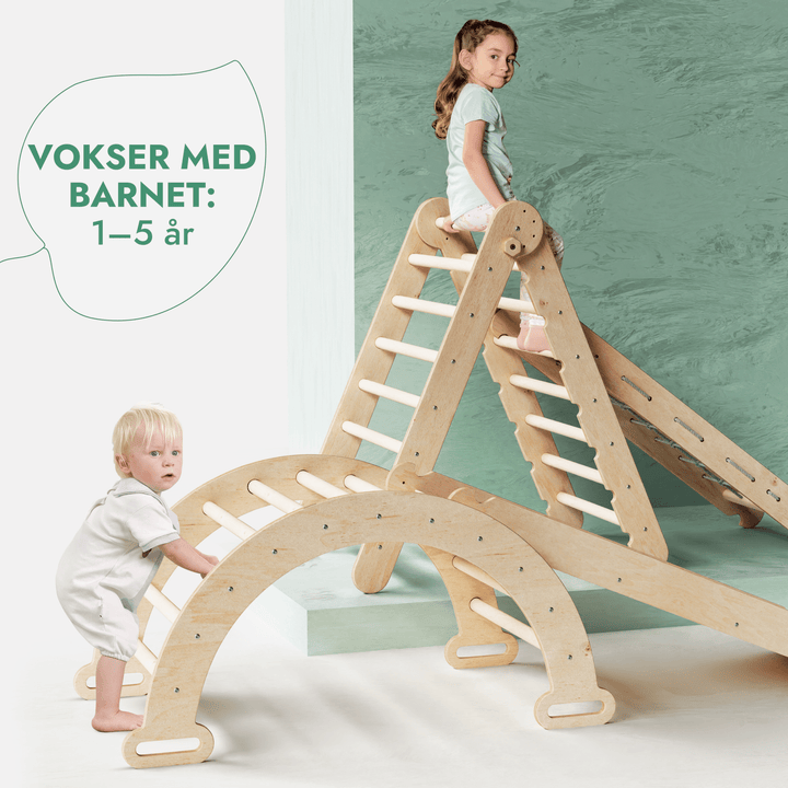 4 - i - 1 Montessori - klatrestativsæt: Trekantstige + Bue/Vippe + Rutsjebane/Rampe + Netreb - Goodevas DK