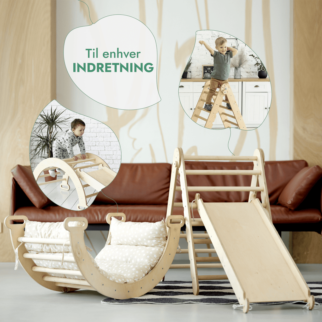 4i1 Montessori klatresæt: Trekantstige + Træbue + Rutsjebane + Pude – Beige - Goodevas DK