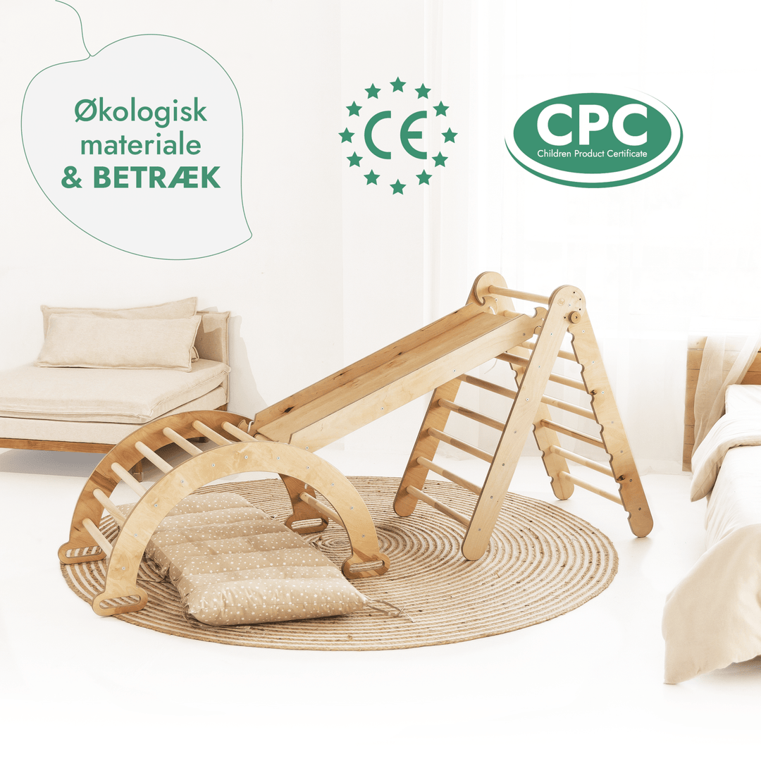 4i1 Montessori klatresæt: Trekantstige + Træbue + Rutsjebane + Pude – Beige - Goodevas DK