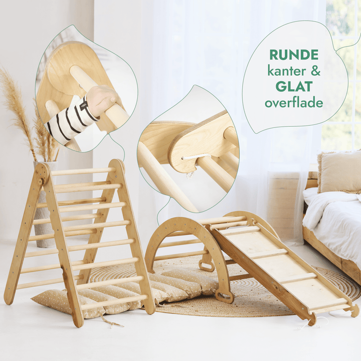 4i1 Montessori klatresæt: Trekantstige + Træbue + Rutsjebane + Pude – Beige - Goodevas DK