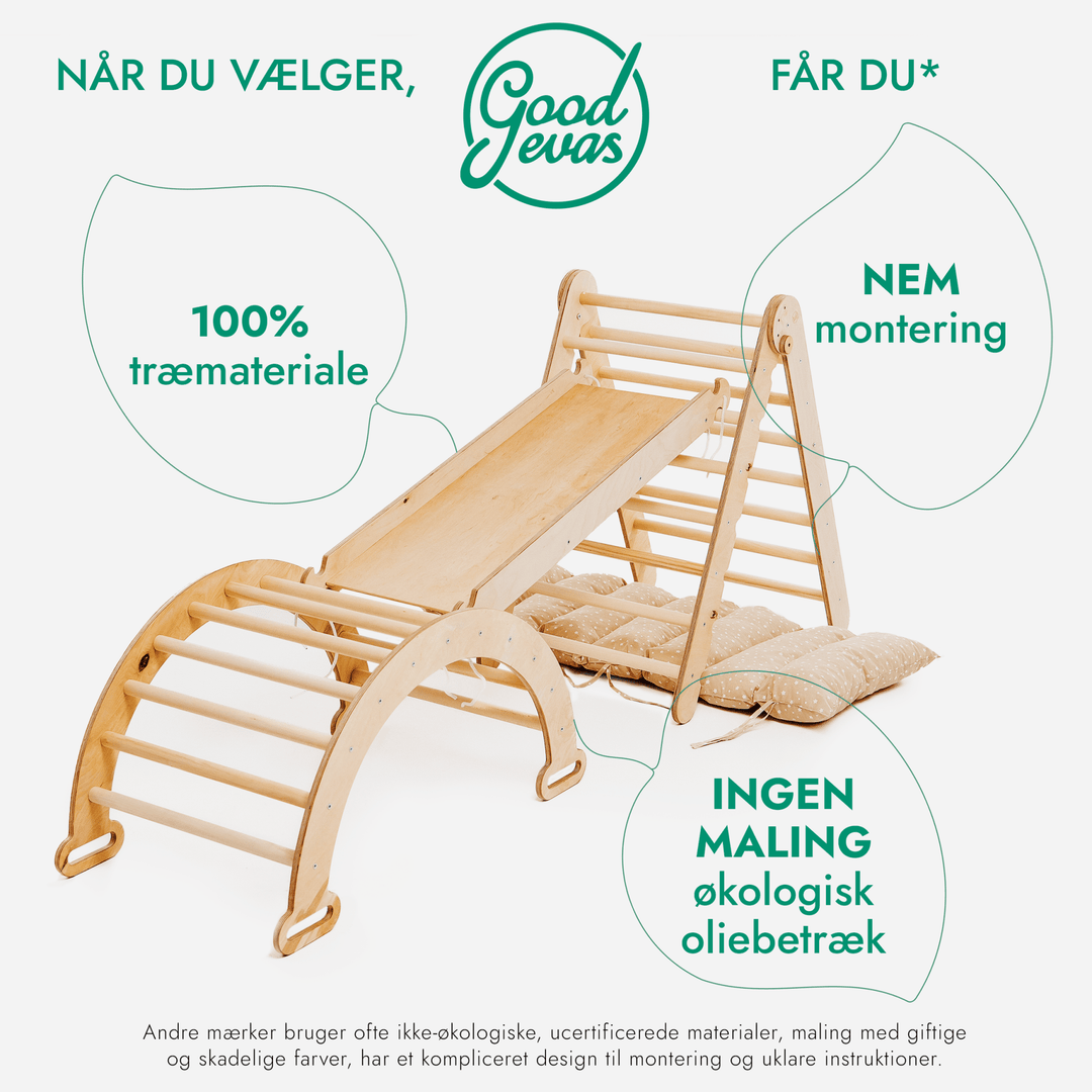 4i1 Montessori klatresæt: Trekantstige + Træbue + Rutsjebane + Pude – Beige - Goodevas DK