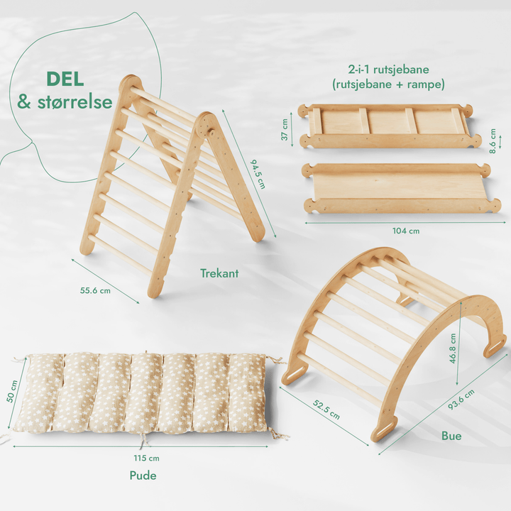 4i1 Montessori klatresæt: Trekantstige + Træbue + Rutsjebane + Pude – Beige - Goodevas DK
