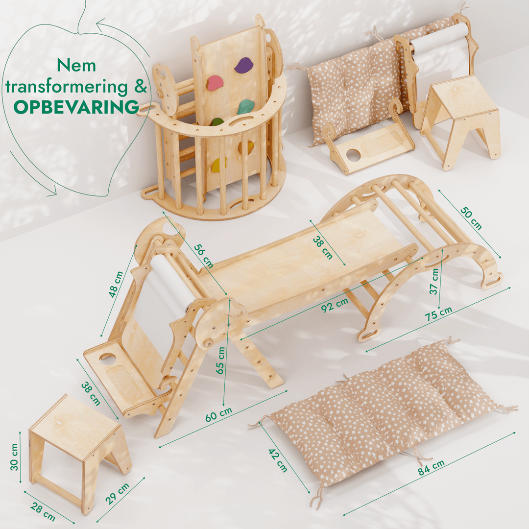 5 - i - 1 Klatresæt til småbørn: Trekantstige + Træbue + Rutsjebane + Pude + Kunst Tilføjelse - Goodevas DK