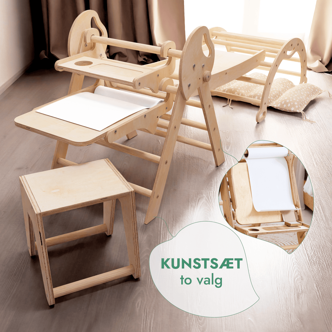 5 - i - 1 Klatresæt til småbørn: Trekantstige + Træbue + Rutsjebane + Pude + Kunst Tilføjelse - Goodevas DK