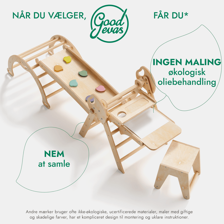 5 - i - 1 Klatresæt til småbørn: Trekantstige + Træbue + Rutsjebane + Pude + Kunst Tilføjelse - Goodevas DK
