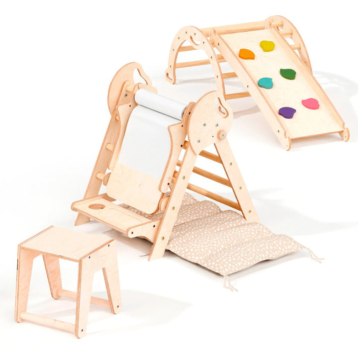 5 - i - 1 Klatresæt til småbørn: Trekantstige + Træbue + Rutsjebane + Pude + Kunst Tilføjelse - Goodevas DK