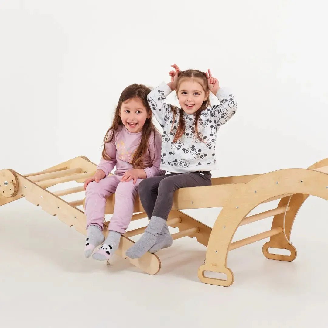 5 - i - 1 Montessori - klatrestativsæt: Trekantstige + Bue/Vippe + Rutsjebane/Rampe + Netreb + Kunst Tilføjelse - Goodevas DK