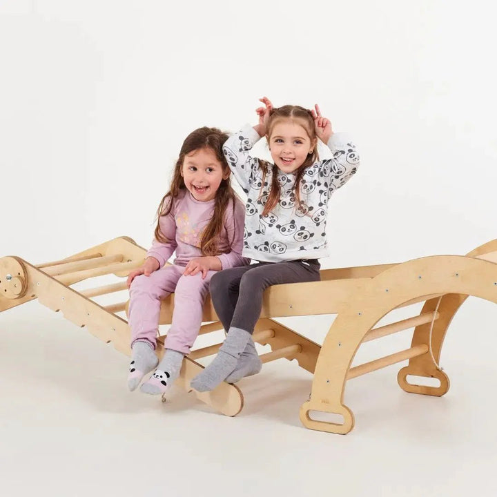 5 - i - 1 Montessori - klatrestativsæt: Trekantstige + Bue/Vippe + Rutsjebane/Rampe + Netreb + Kunst Tilføjelse - Goodevas DK