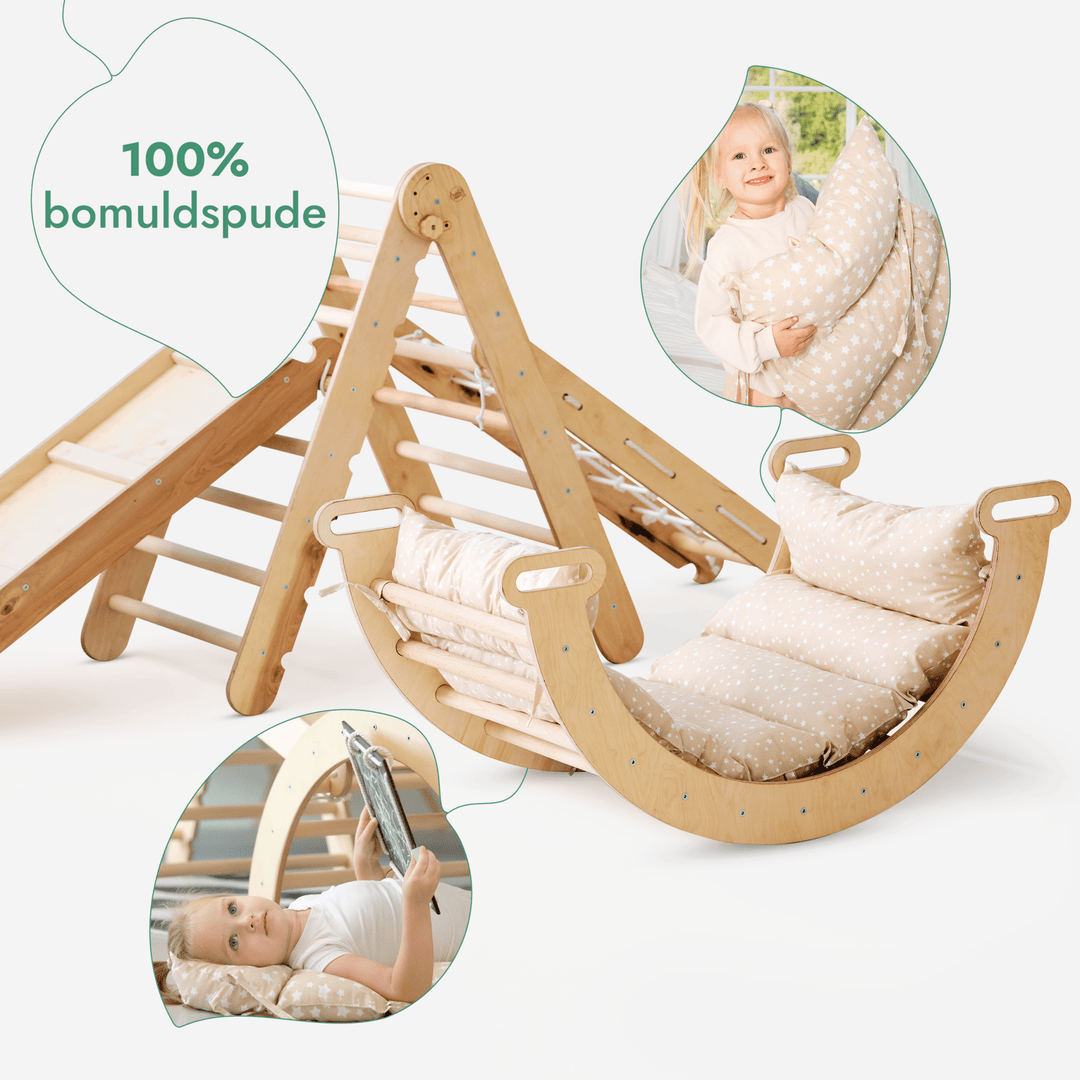 5 - i - 1 Montessori - klatrestativsæt: Trekantstige + Bue/Vippe + Rutsjebane/Rampe + Netreb + Pude - Goodevas DK