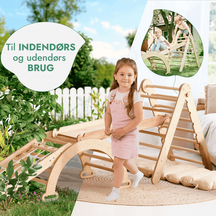 5 - i - 1 Montessori - klatrestativsæt: Trekantstige + Bue/Vippe + Rutsjebane/Rampe + Netreb + Pude - Goodevas DK