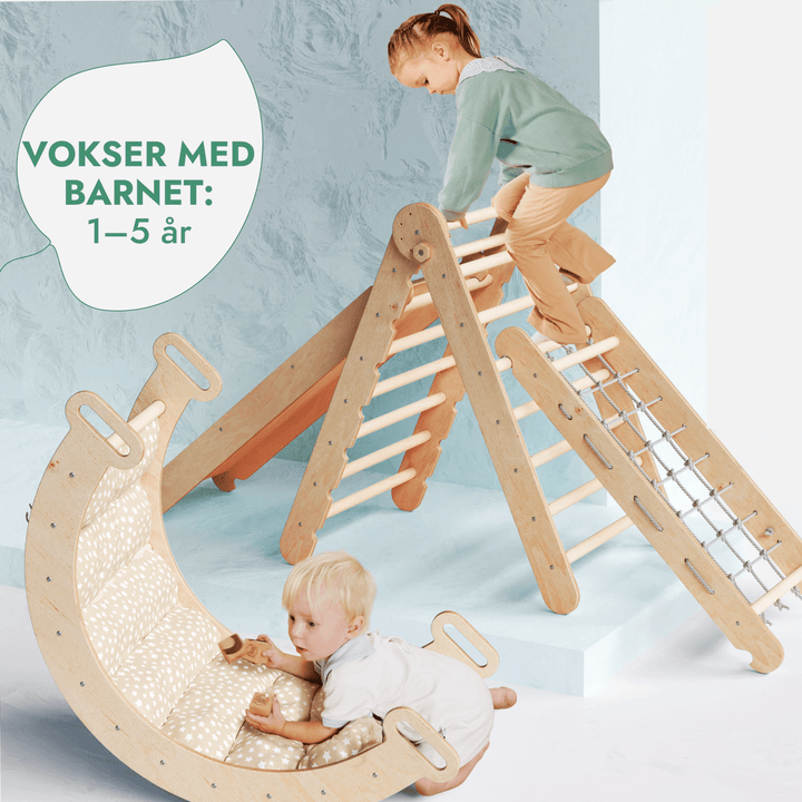 5 - i - 1 Montessori - klatrestativsæt: Trekantstige + Bue/Vippe + Rutsjebane/Rampe + Netreb + Pude - Goodevas DK