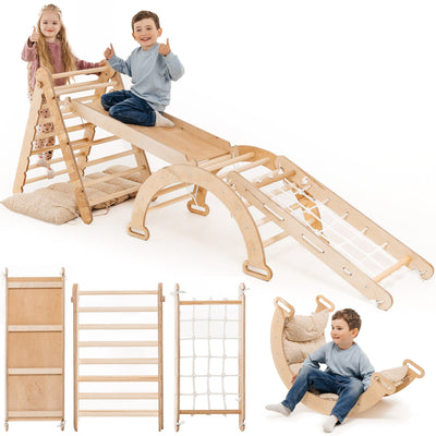 5-i-1 Montessori-klatrestativsæt: Trekantstige + Bue/Vippe + Rutsjebane/Rampe + Netreb + Pude