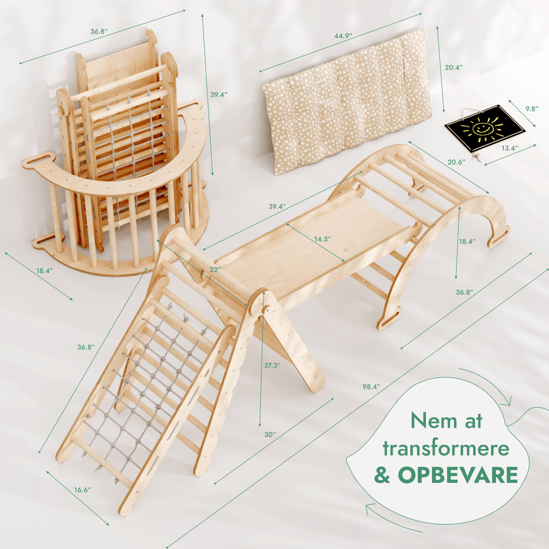 5 - i - 1 Montessori - klatrestativsæt: Trekantstige + Bue/Vippe + Rutsjebane/Rampe + Netreb + Pude - Goodevas DK