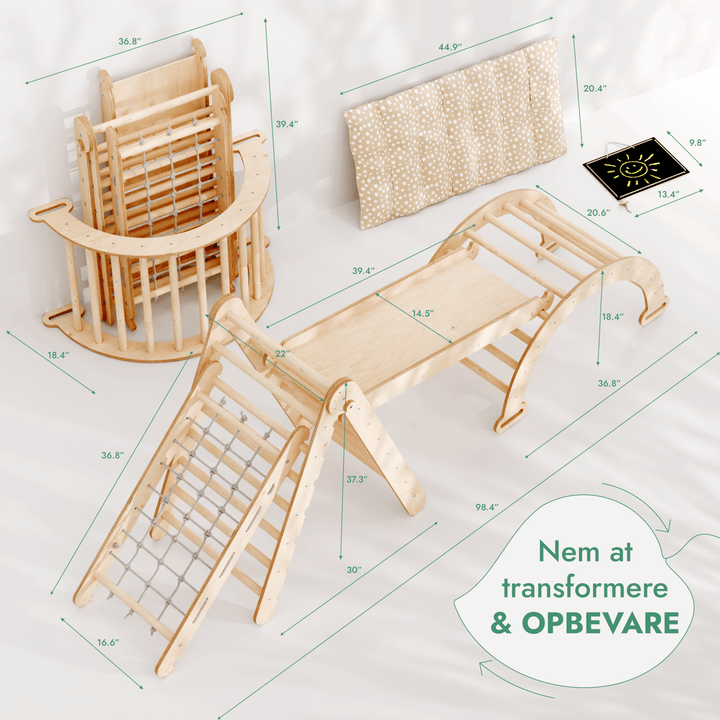 5 - i - 1 Montessori - klatrestativsæt: Trekantstige + Bue/Vippe + Rutsjebane/Rampe + Netreb + Pude - Goodevas DK
