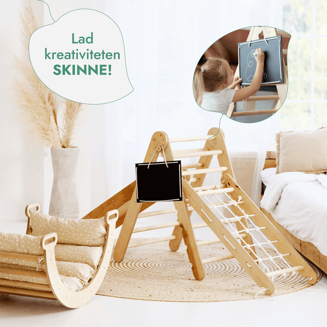 5 - i - 1 Montessori - klatrestativsæt: Trekantstige + Bue/Vippe + Rutsjebane/Rampe + Netreb + Pude - Goodevas DK