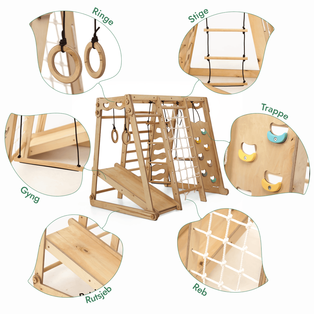 6 - i - 1 Indendørs jungle - legeplads til børn: Legeplads + sæt med gynger + rutsjebane + reb + trin - Goodevas DK