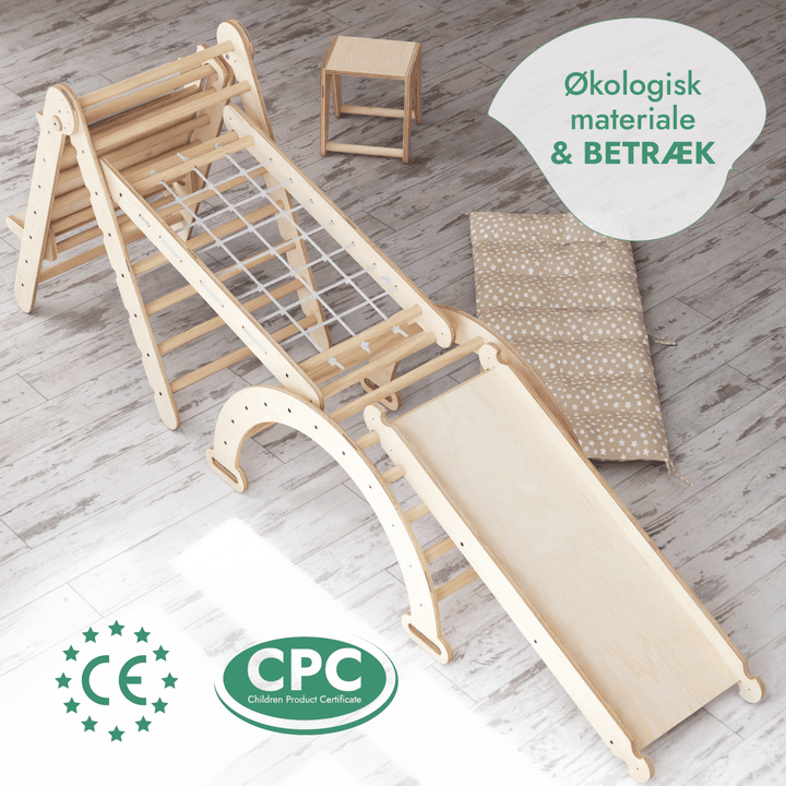 6 - i - 1 Montessori - klatrestativsæt: Trekantstige + Bue/Vippe + Rutsjebane/Rampe + Netreb + Pude + Kunst Tilføjelse - Goodevas DK
