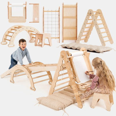 6-i-1 Montessori-klatrestativsæt: Trekantstige + Bue/Vippe + Rutsjebane/Rampe + Netreb + Pude + Kunst Tilføjelse
