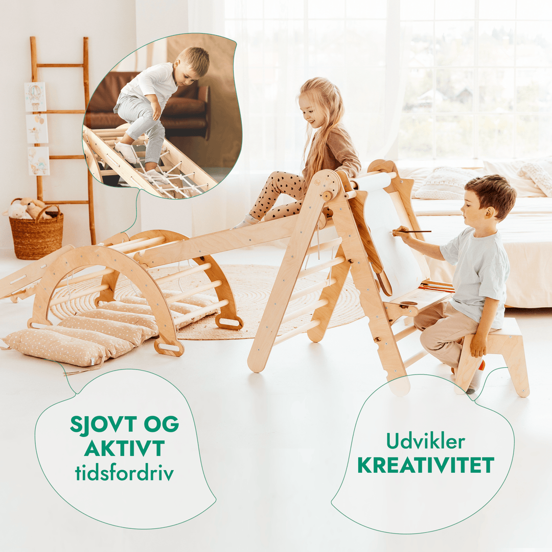 6 - i - 1 Montessori - klatrestativsæt: Trekantstige + Bue/Vippe + Rutsjebane/Rampe + Netreb + Pude + Kunst Tilføjelse - Goodevas DK