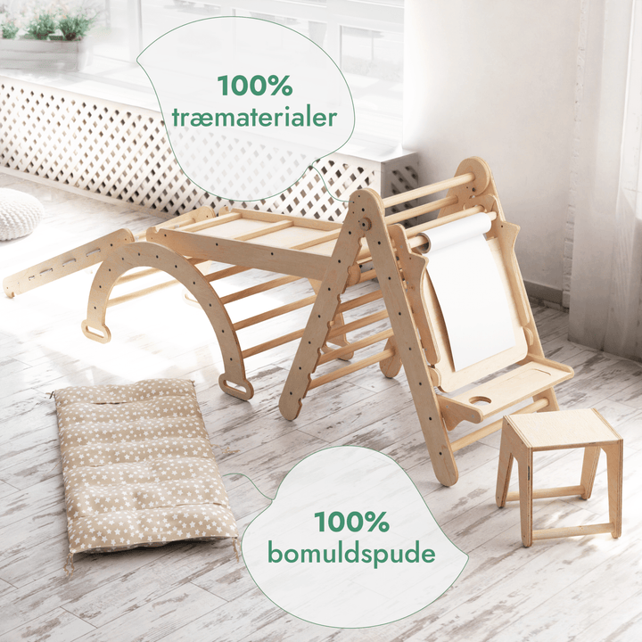 6 - i - 1 Montessori - klatrestativsæt: Trekantstige + Bue/Vippe + Rutsjebane/Rampe + Netreb + Pude + Kunst Tilføjelse - Goodevas DK