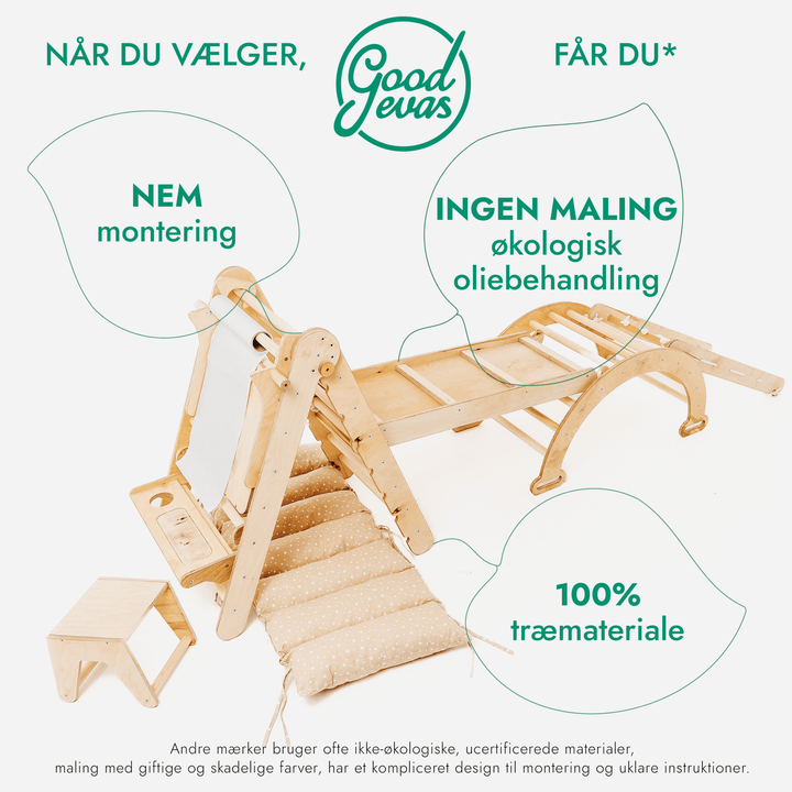 6 - i - 1 Montessori - klatrestativsæt: Trekantstige + Bue/Vippe + Rutsjebane/Rampe + Netreb + Pude + Kunst Tilføjelse - Goodevas DK