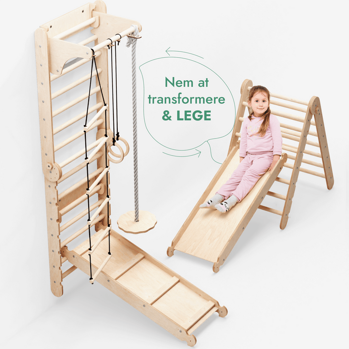 6i1: Svensk Trævæg / Klatrestige til børn + Gyngestativ + Rutsjebane - Goodevas DK