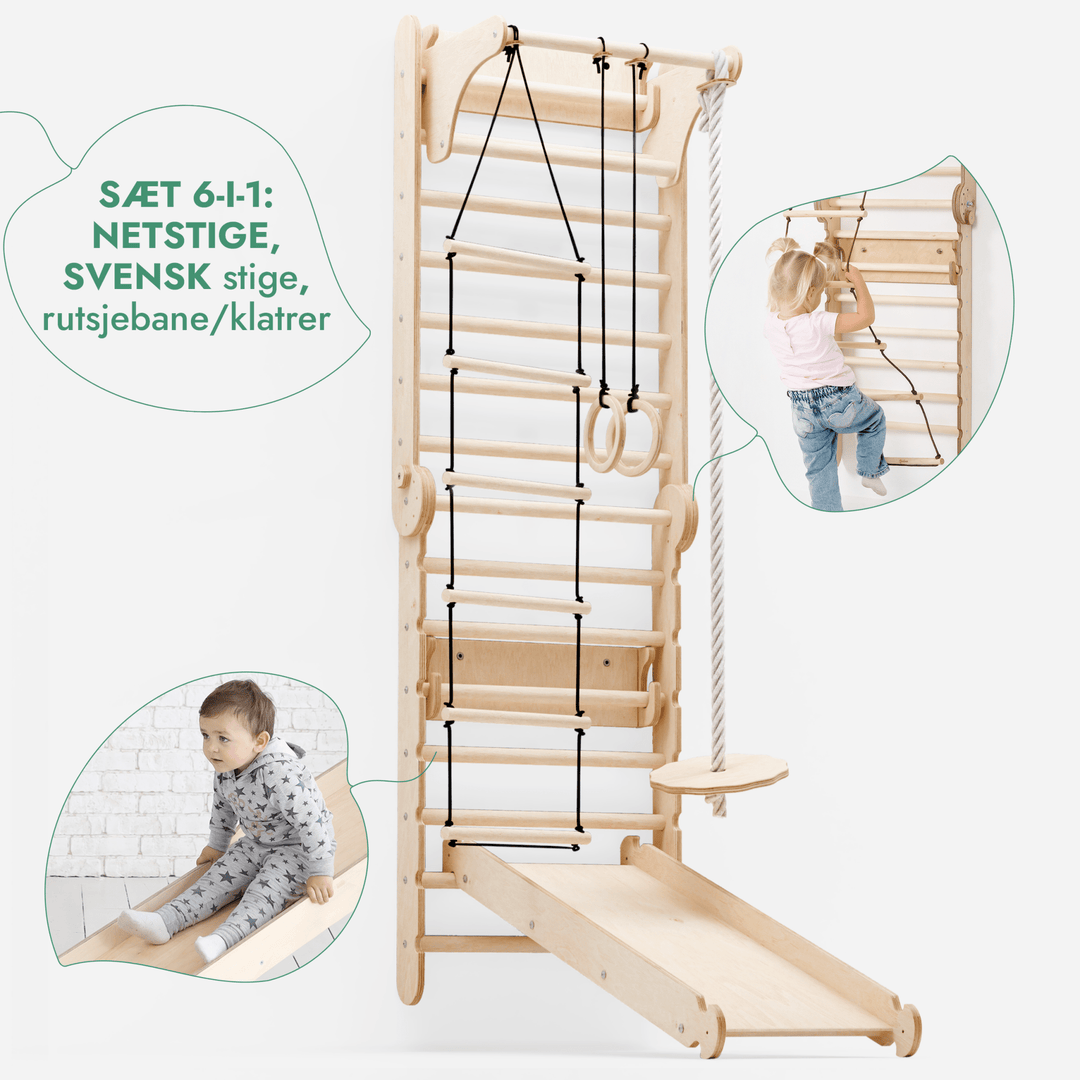 6i1: Svensk Trævæg / Klatrestige til børn + Gyngestativ + Rutsjebane - Goodevas DK