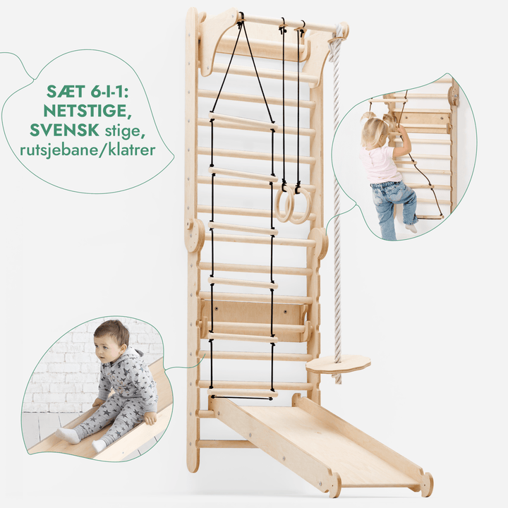 6i1: Svensk Trævæg / Klatrestige til børn + Gyngestativ + Rutsjebane - Goodevas DK