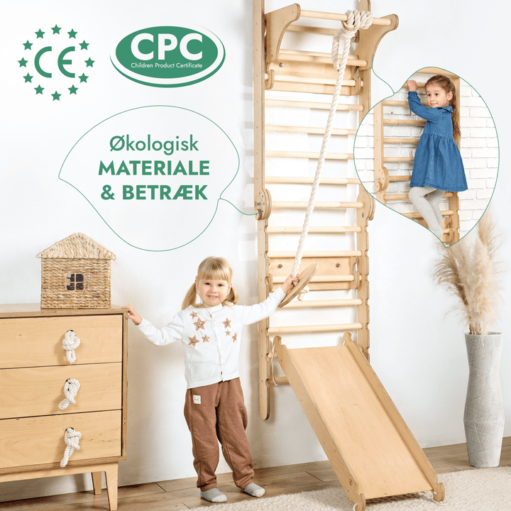 6i1: Svensk Trævæg / Klatrestige til børn + Gyngestativ + Rutsjebane - Goodevas DK